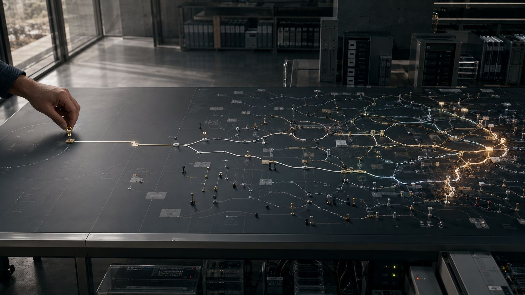 Hand placing a small key on a branching network map above server hardware.