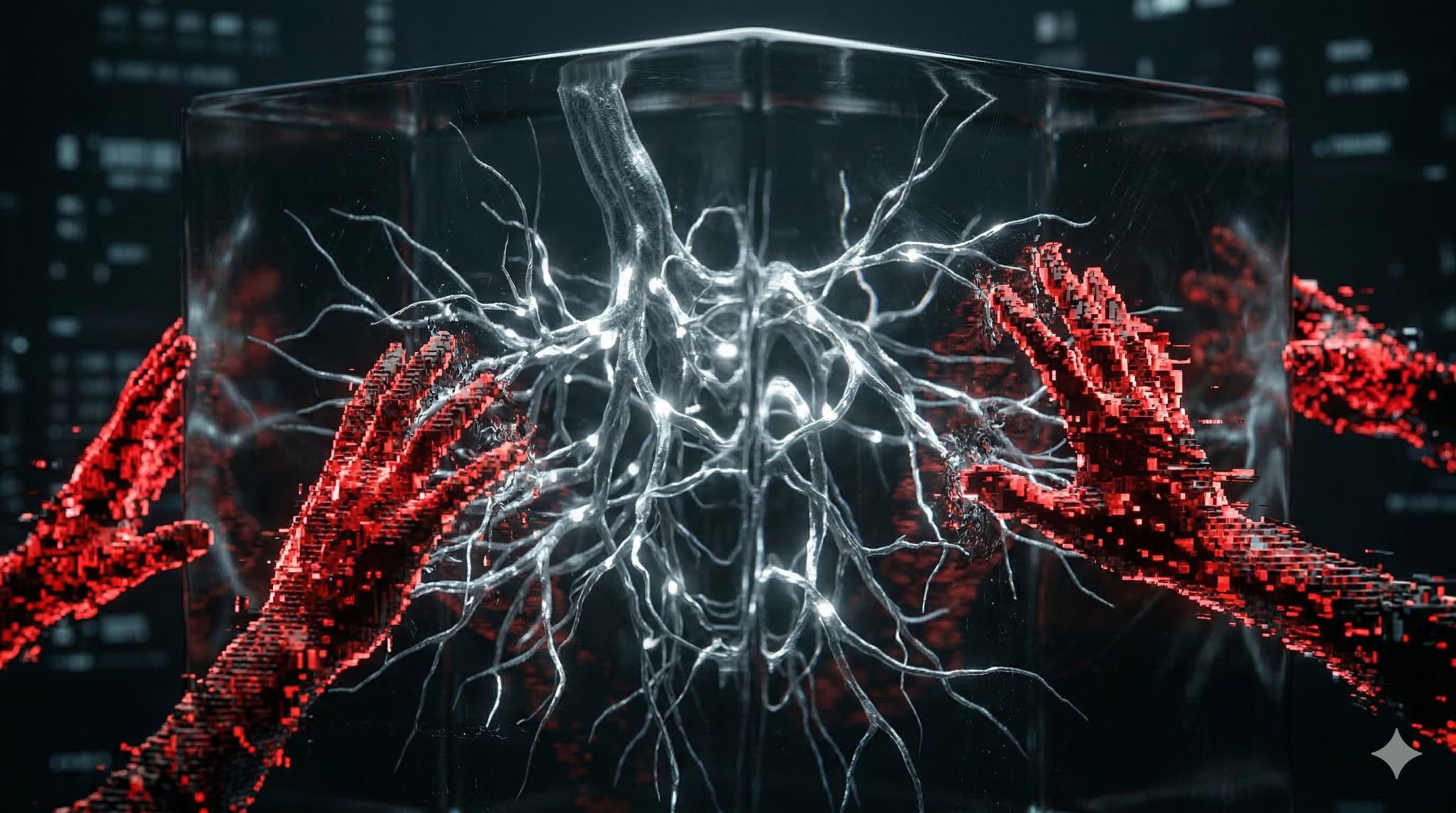Red pixelated hands reaching toward a glass cube that contains a glowing white branching network.