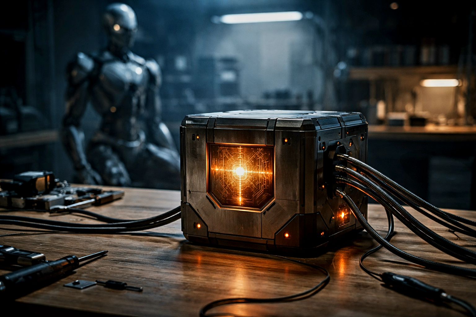 Image of a glowing cube-like device with cables on a workbench, with a humanoid robot in the background.