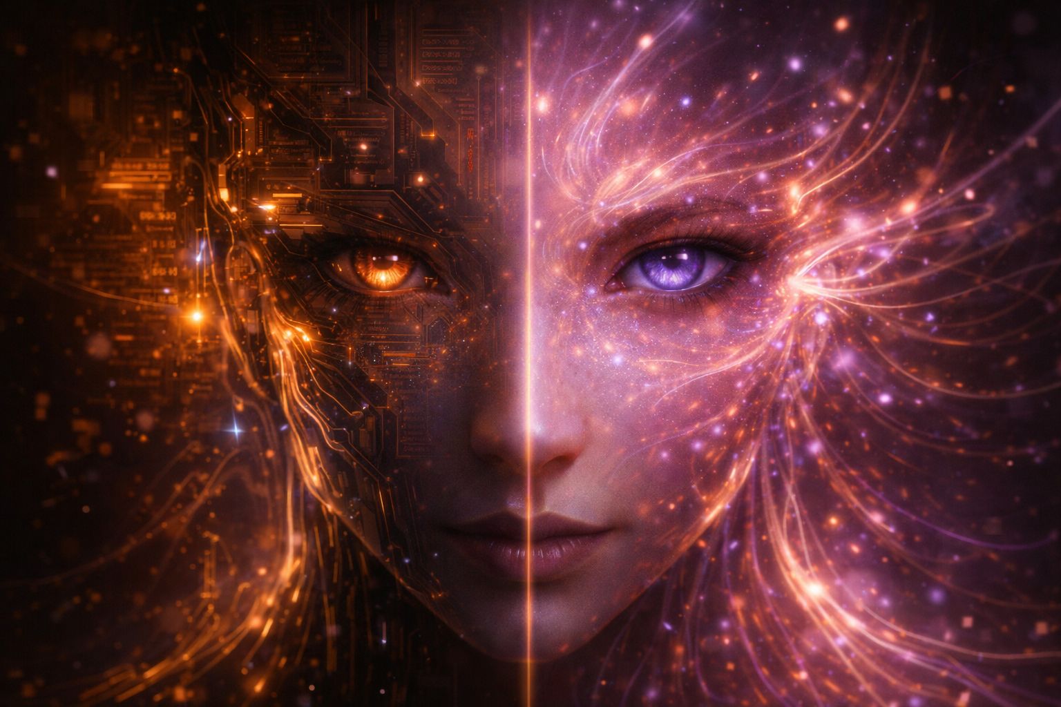 A split face with one half made of glowing circuit patterns and the other half filled with purple cosmic light.