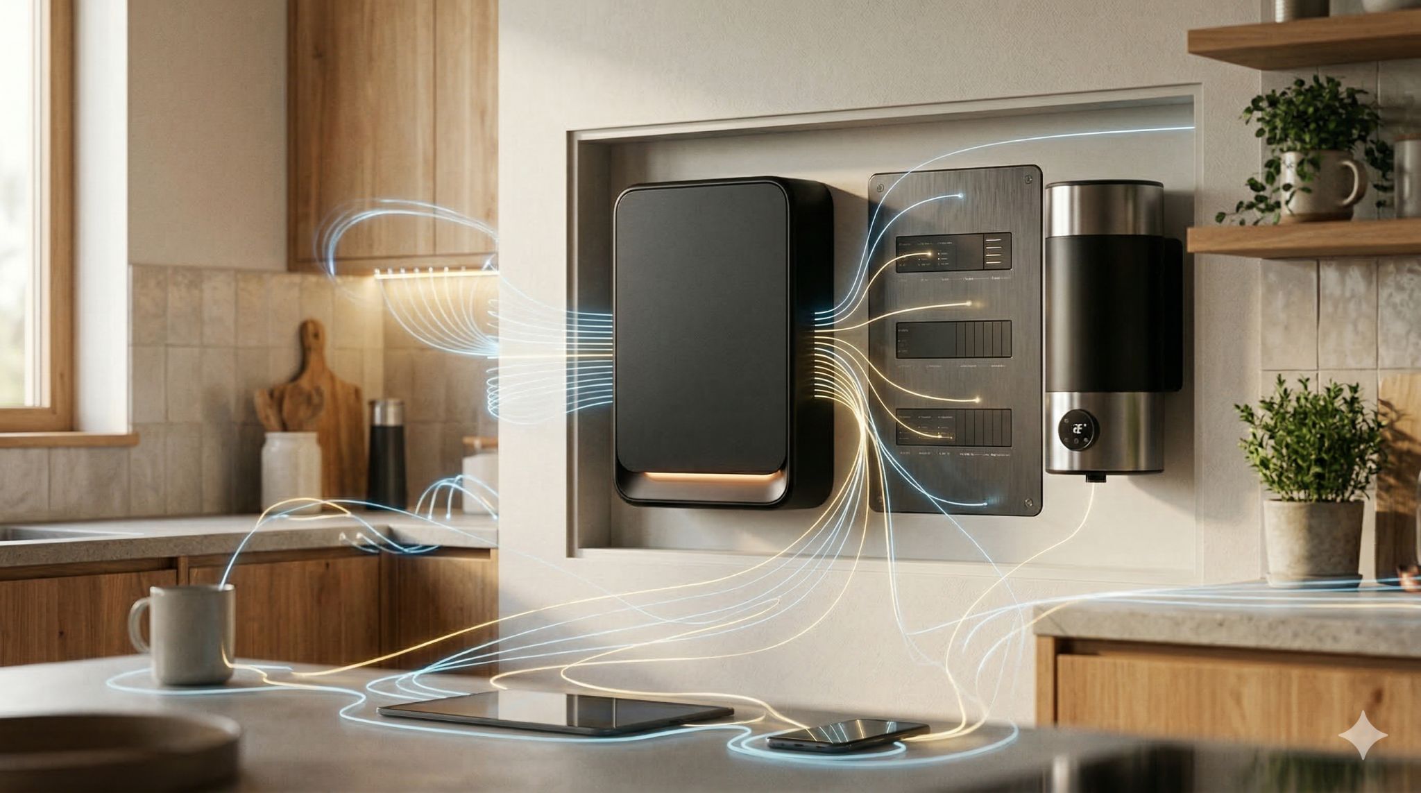 A wall-mounted device and control panel in a home kitchen nook with glowing lines reaching toward a phone and tablet.