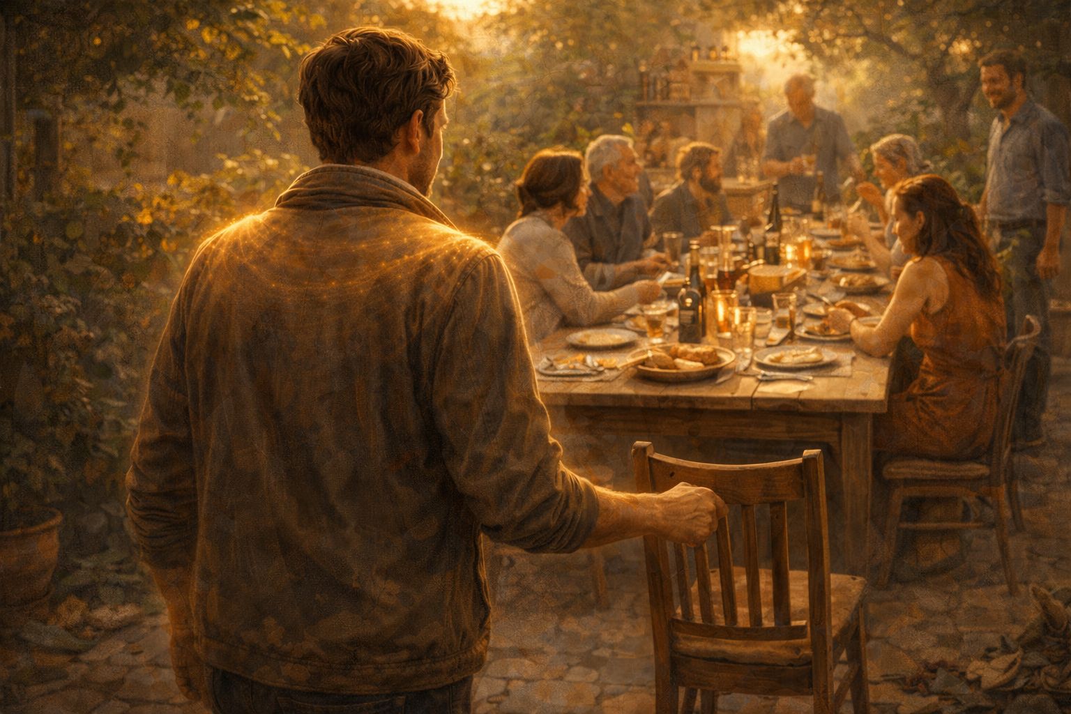 A person seen from behind approaching an outdoor dinner table where several people are gathered in warm evening light.