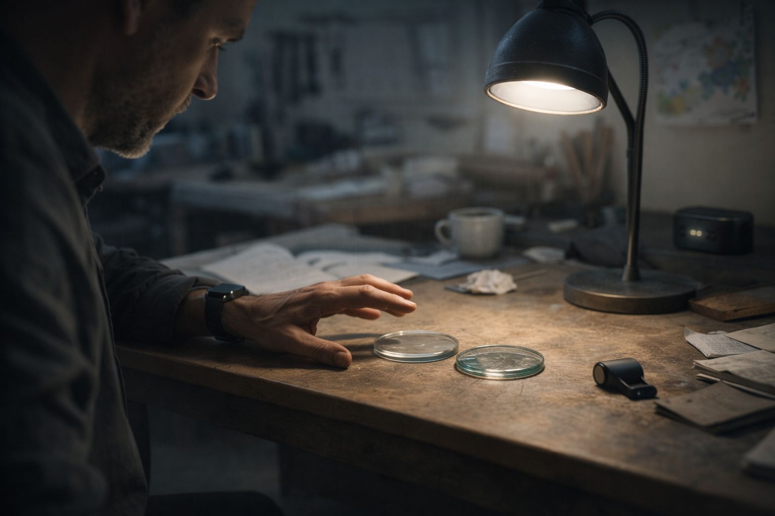 A person under a desk lamp reaching toward two glass dishes on a table in a dim room.