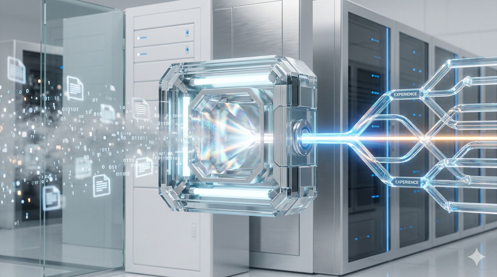 A glowing crystal-like device in a server room channeling document icons into labeled experience paths through transparent lines.