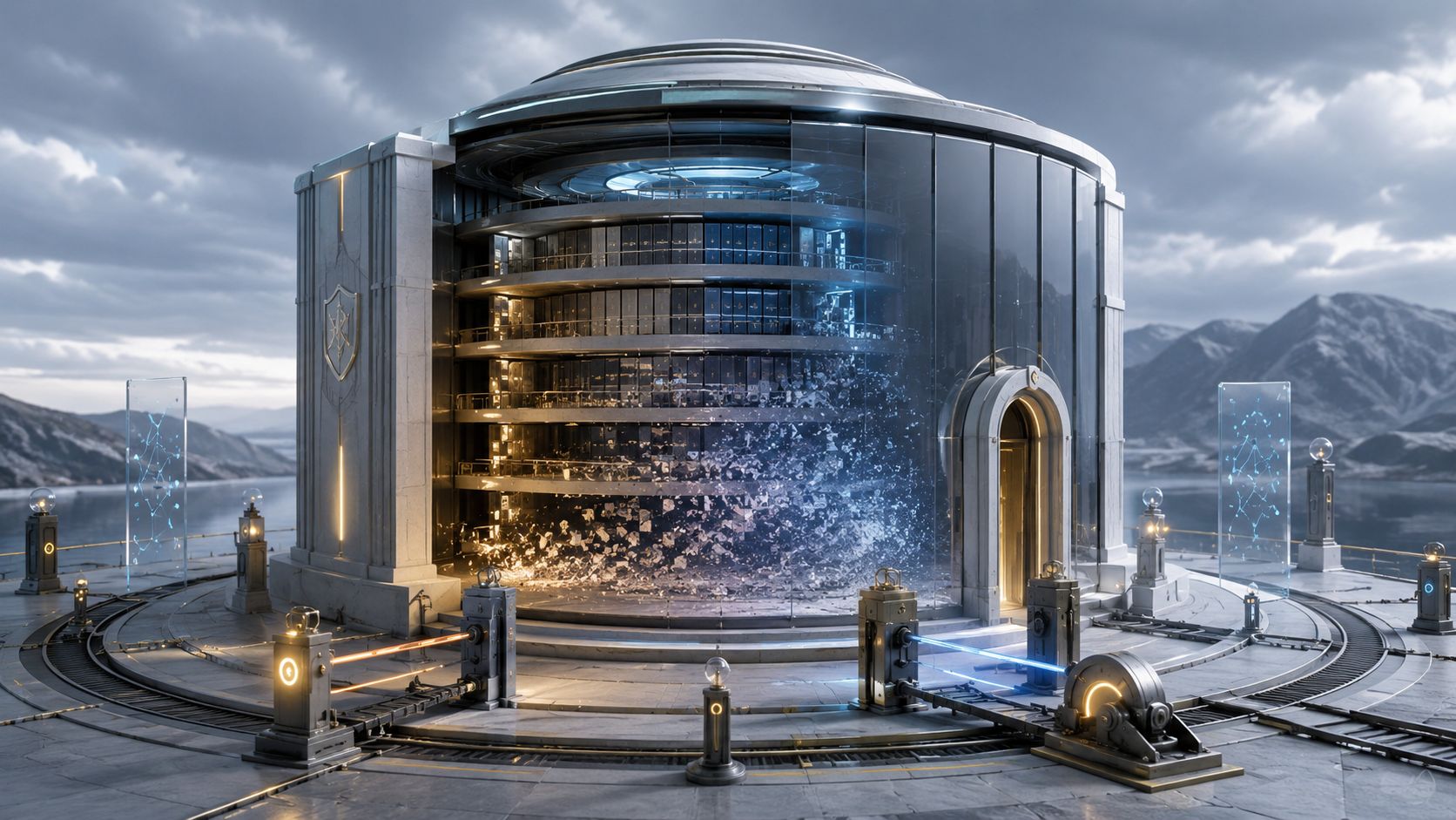 Futuristic circular archive building with data fragments and glowing machinery beside a mountain lake.