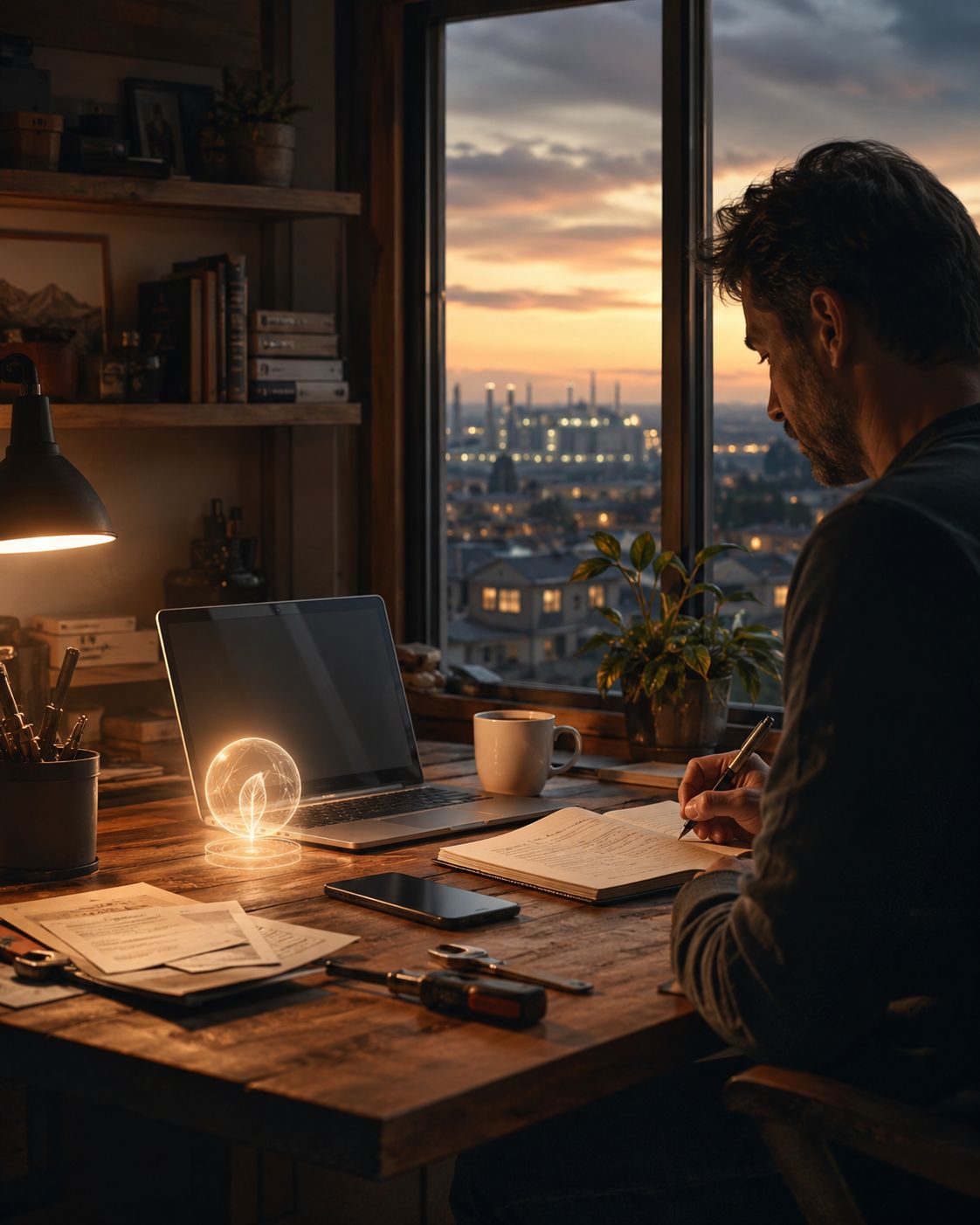 A person writes in a notebook beside a laptop and a small glowing seed-like device near a window overlooking an industrial skyline.