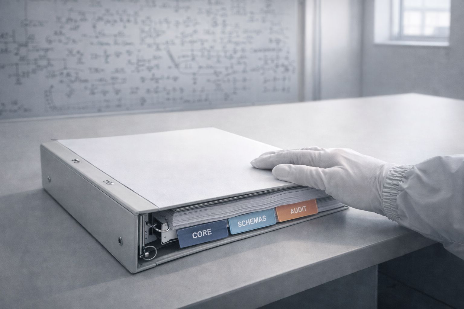 A gloved hand resting on a binder with tabs labeled Core, Schemas, and Audit on a table in front of a blurred whiteboard.