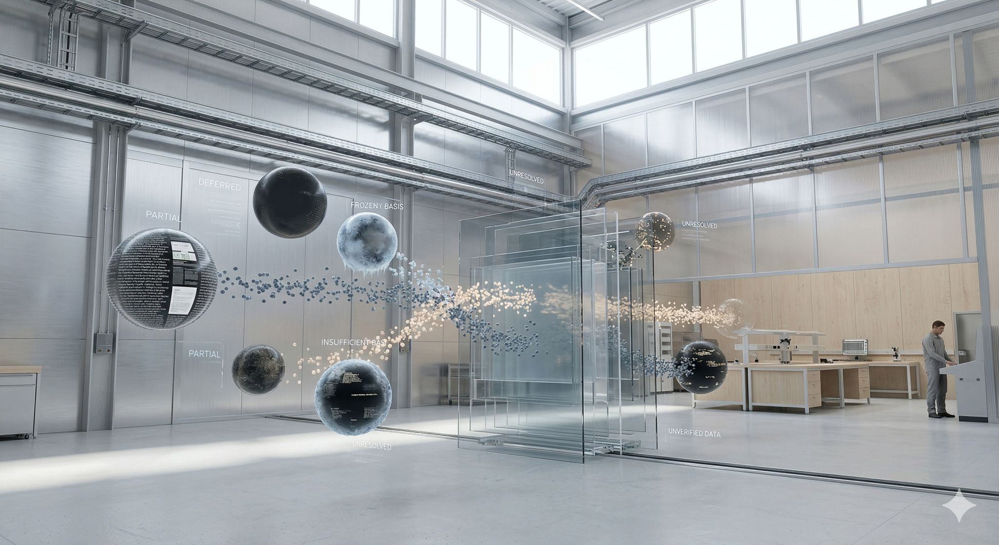 A bright industrial room with floating dark spheres labeled with states such as partial, deferred, frozen basis, and unresolved around a glass enclosure, with a person at a workstation.