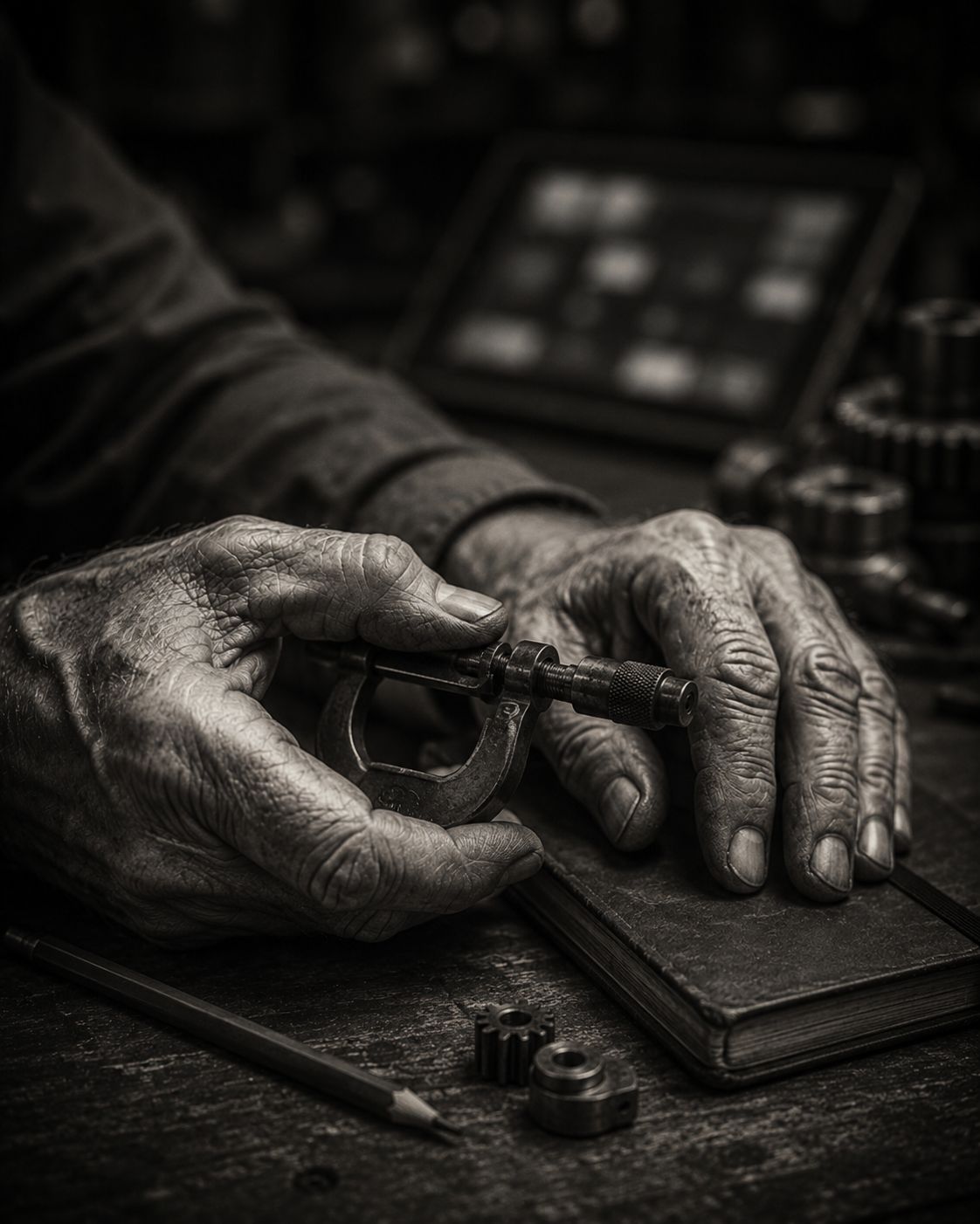 A close-up of aged hands using a micrometer over a worn workbench with tools nearby.