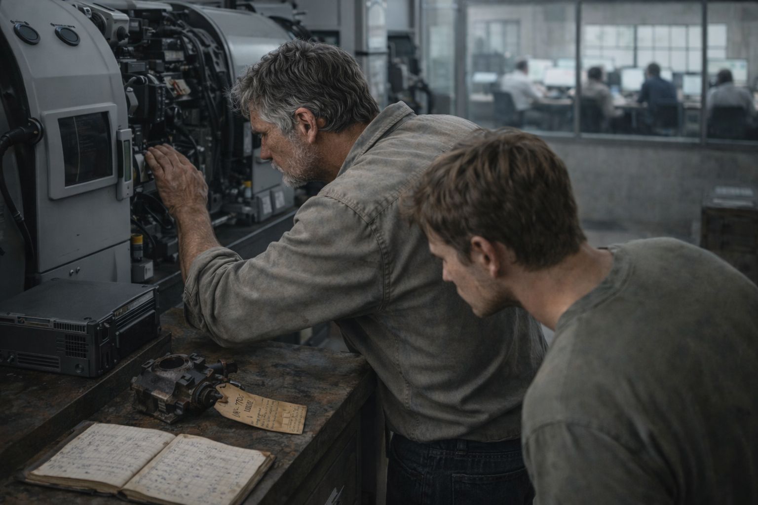 An older technician and a younger person examining the open side of an industrial machine in a workshop.