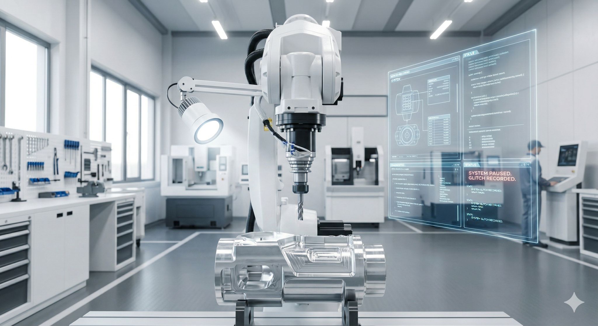 A robotic milling machine in a workshop with a transparent status overlay reading 'SYSTEM PAUSED. GLITCH RECORDED.'