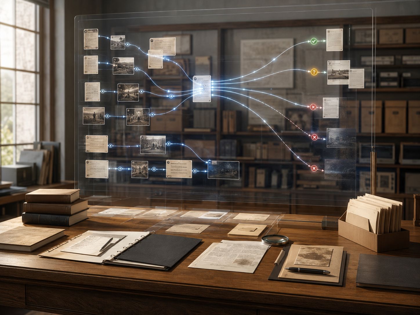 Transparent board in an archive room showing evidence cards connected by blue paths to approval and rejection marks.