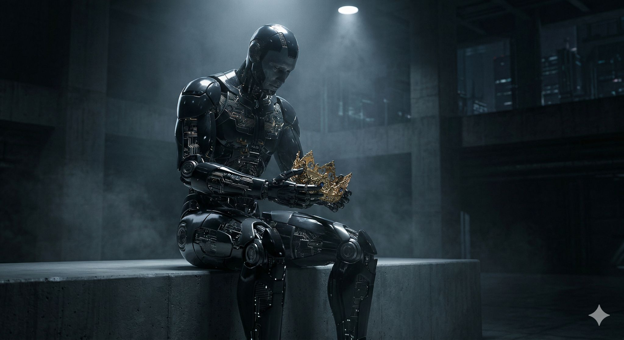A humanoid robot sitting on a concrete block in a dark room while holding a gold crown.