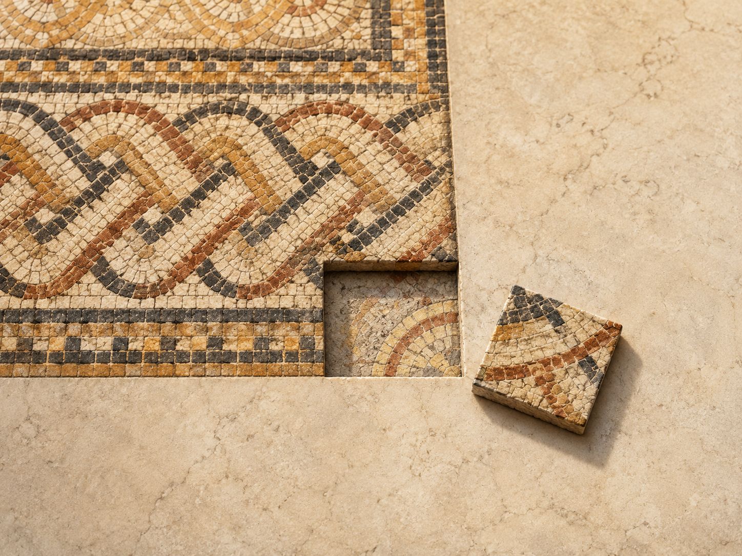 Stone mosaic with an empty square and a detached patterned tile beside it.