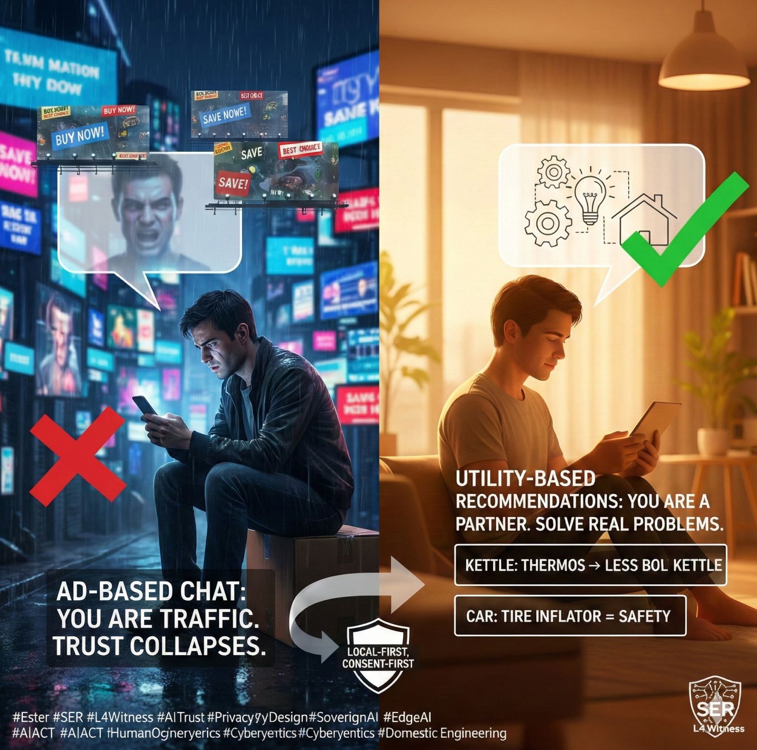 Split illustration contrasting ad-based chat on the left with utility-based recommendations at home on the right.