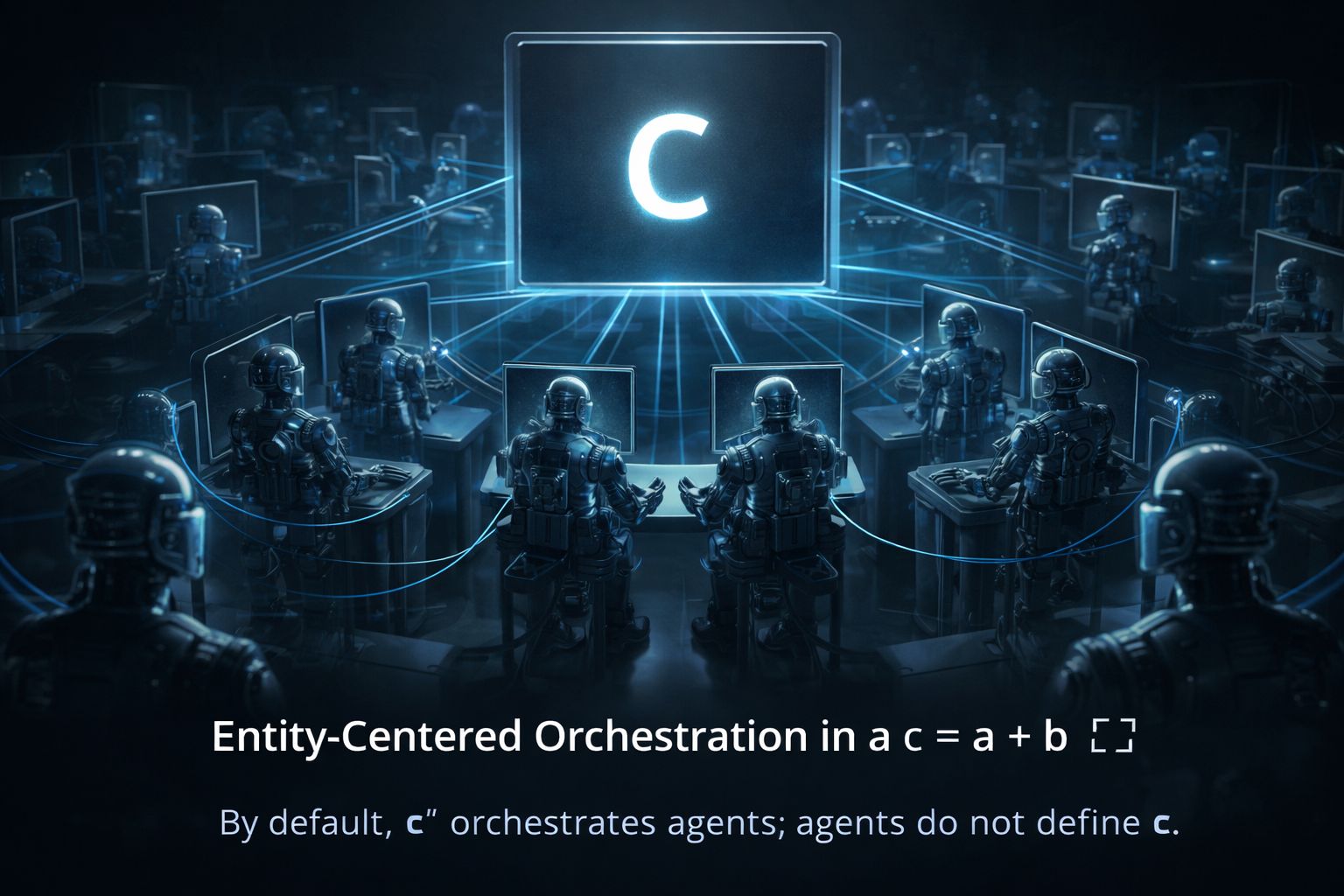 Rows of humanoid robots at desks facing a large glowing screen with the letter C in a dark blue control room.