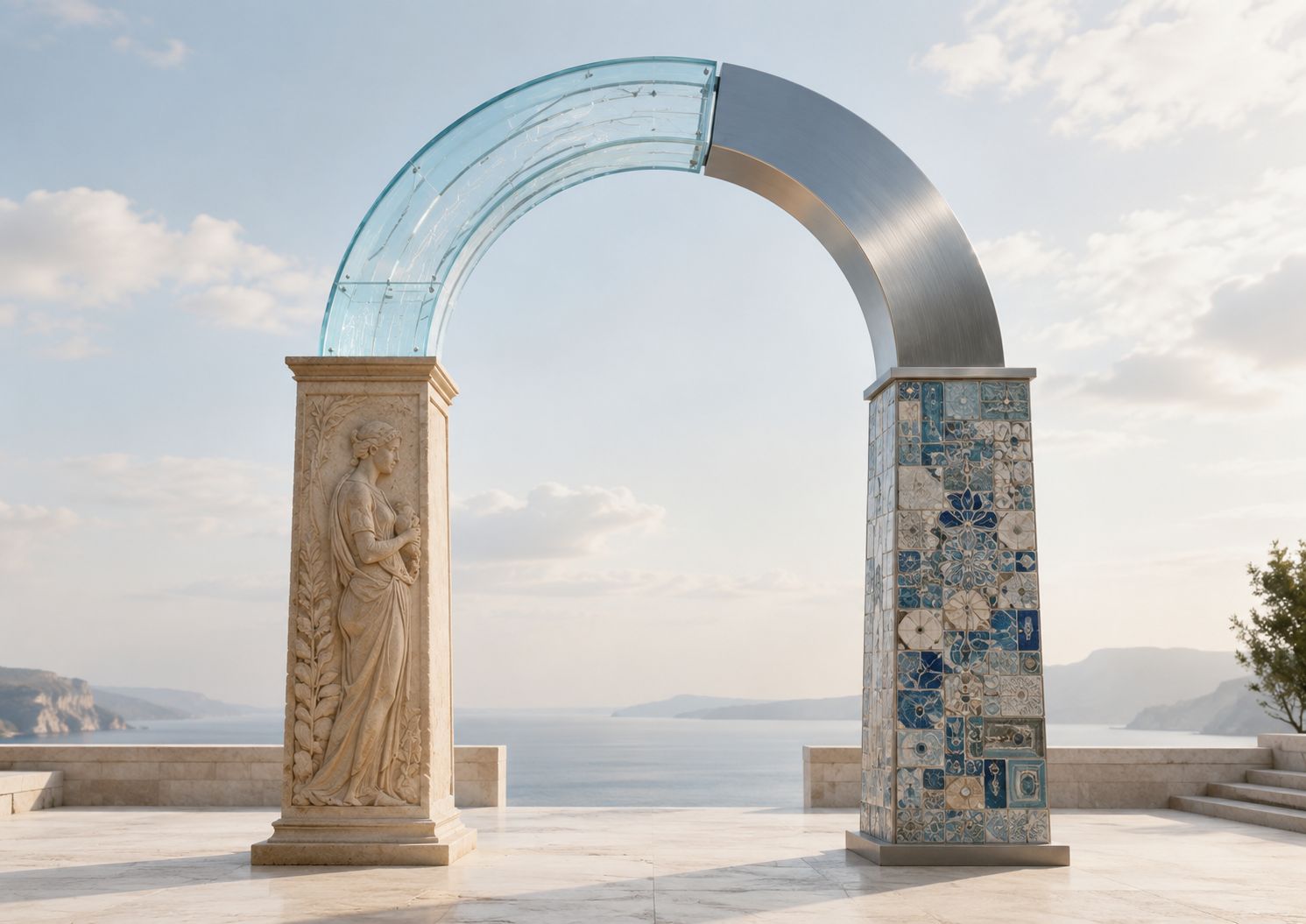 Arch joining a classical carved stone column to a modern tiled technological column above the sea.
