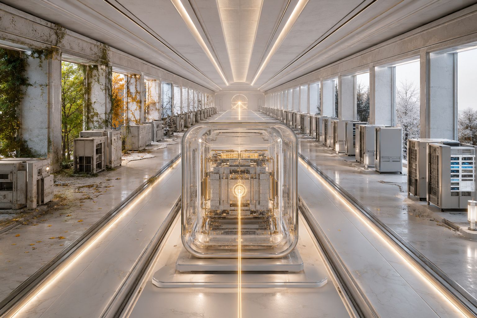Glass-cased glowing cube in a long corridor lined with server and cooling units across changing seasons.
