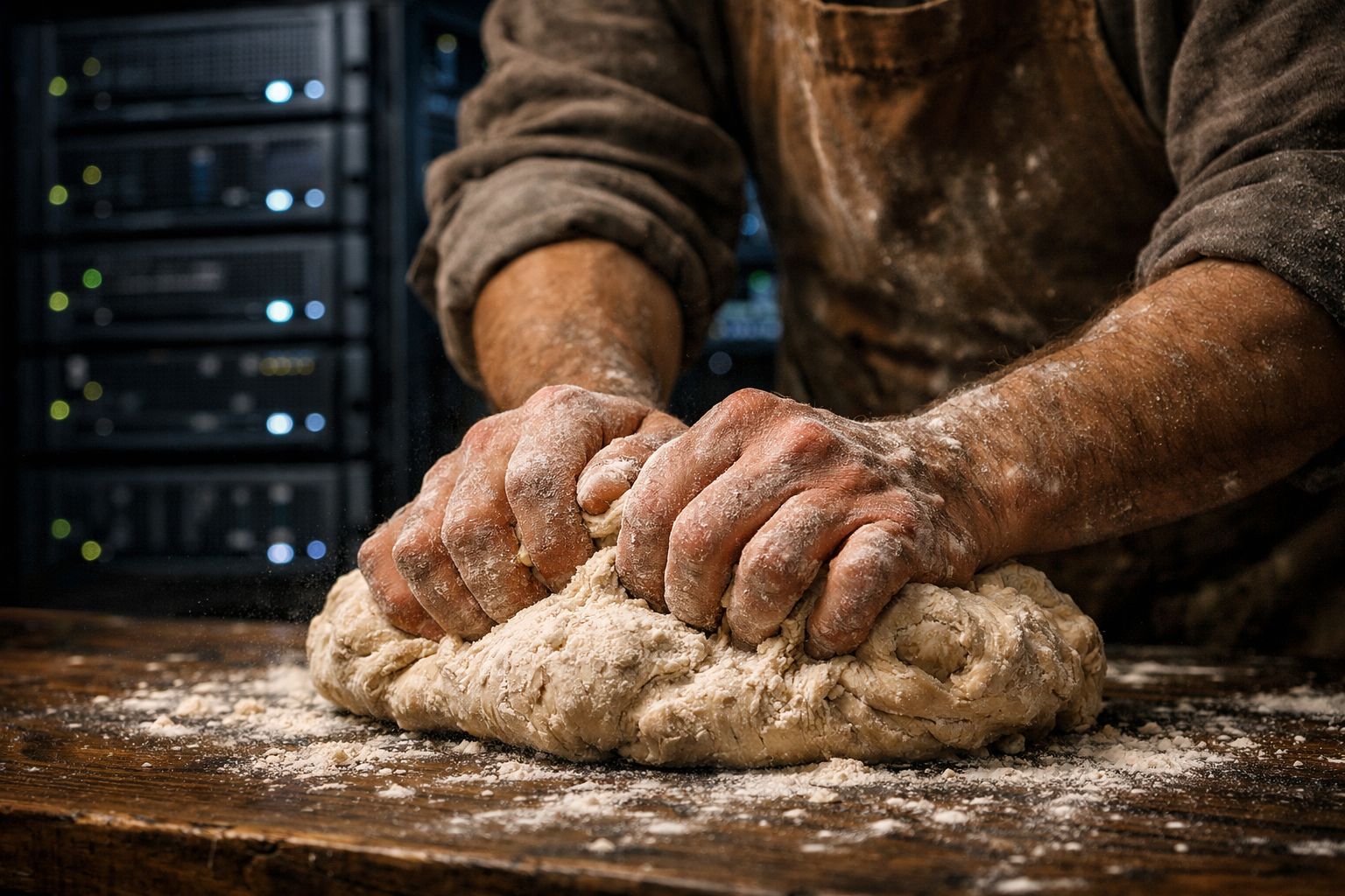 Close-up of flour-covered hands kneading dough on a wooden table, with server racks blurred in the background.