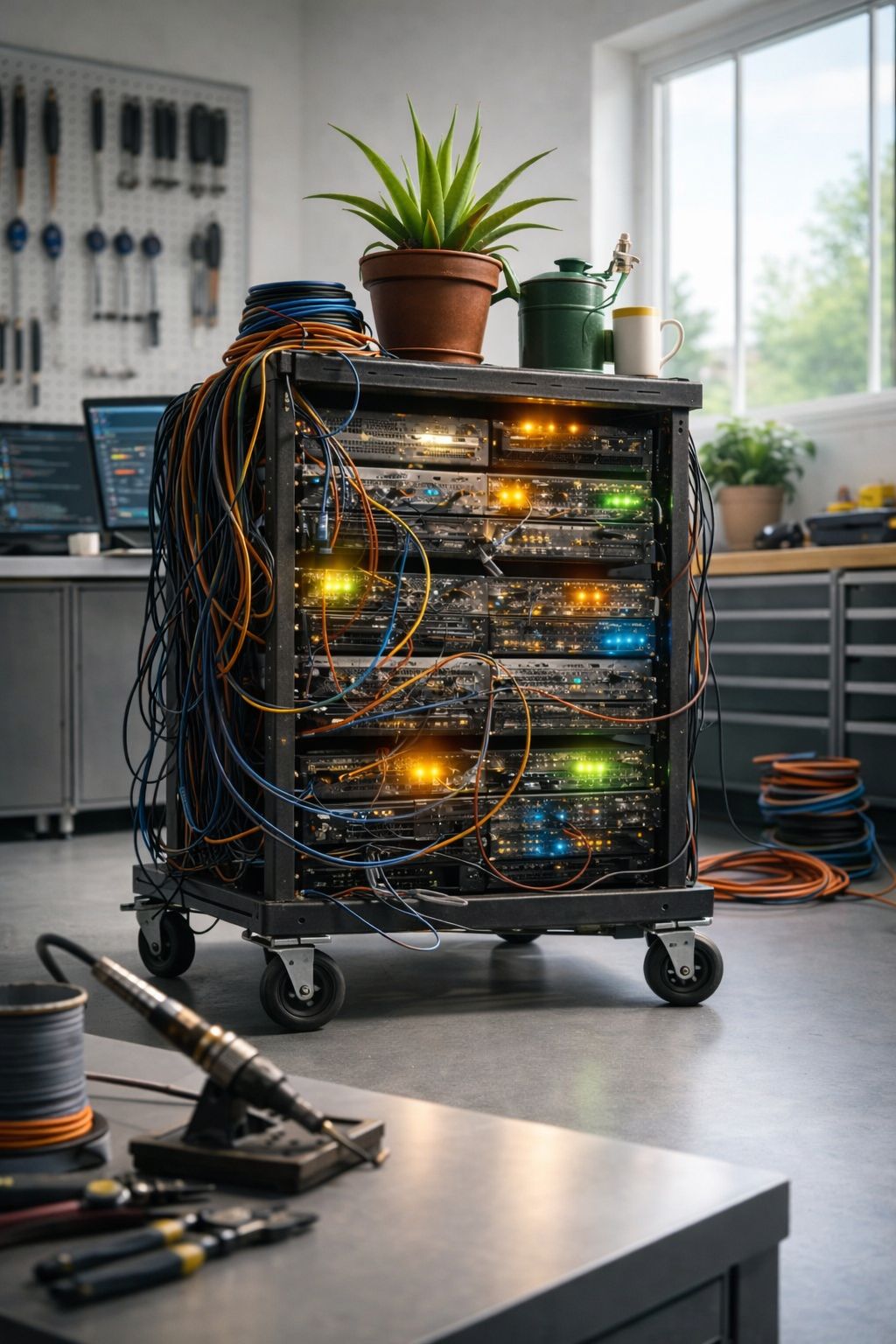 Image of a wheeled server rack with tangled cables in a bright workshop, with a plant, tools, and a window behind it.