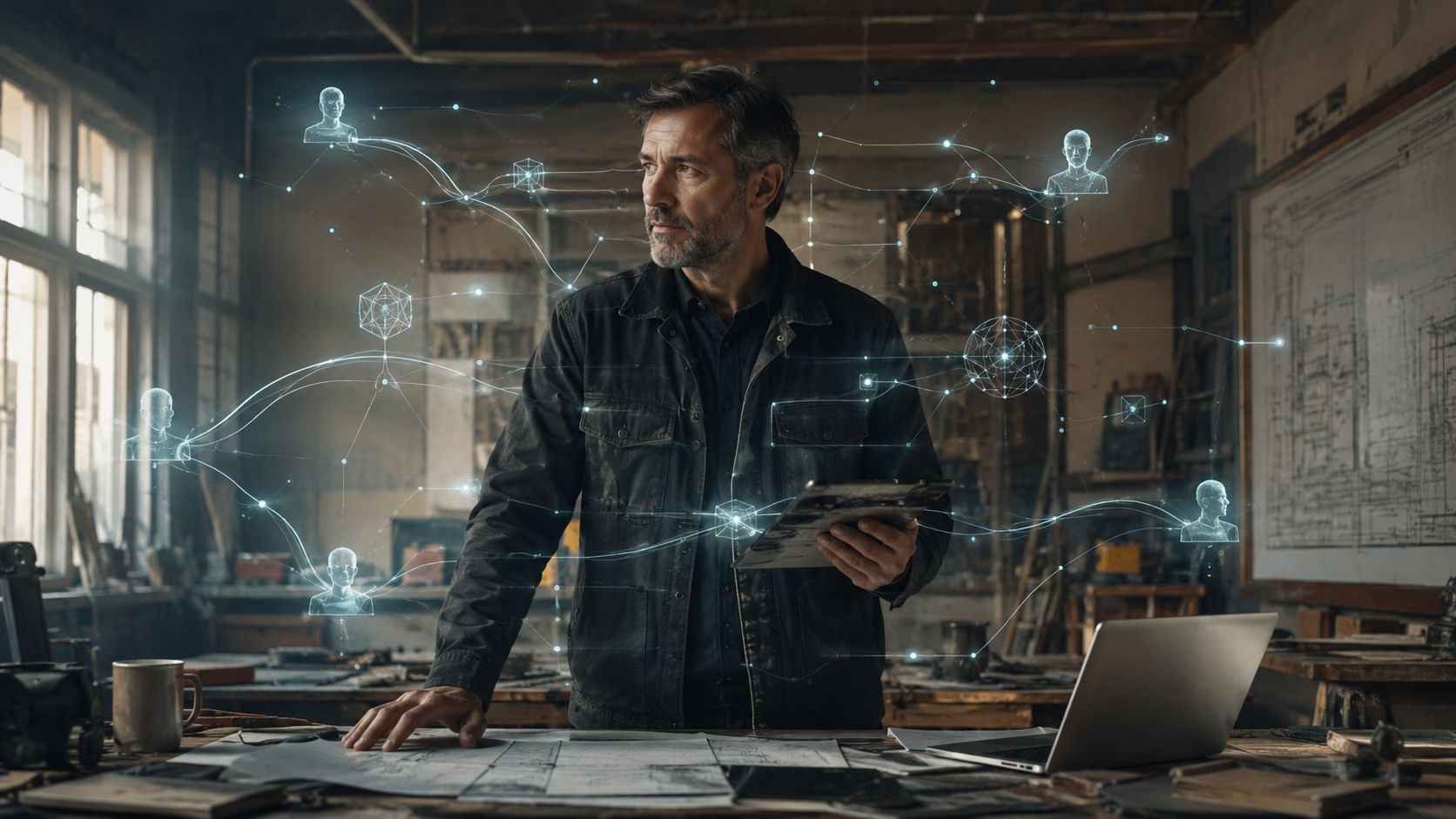 A person in a workshop holds a clipboard while networked digital nodes and human silhouettes float around the room.