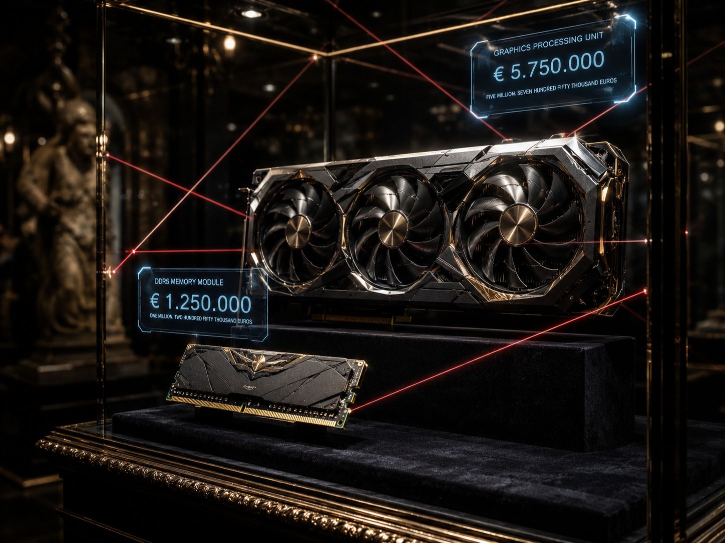 Graphics card and memory module displayed behind glass with illuminated price panels.