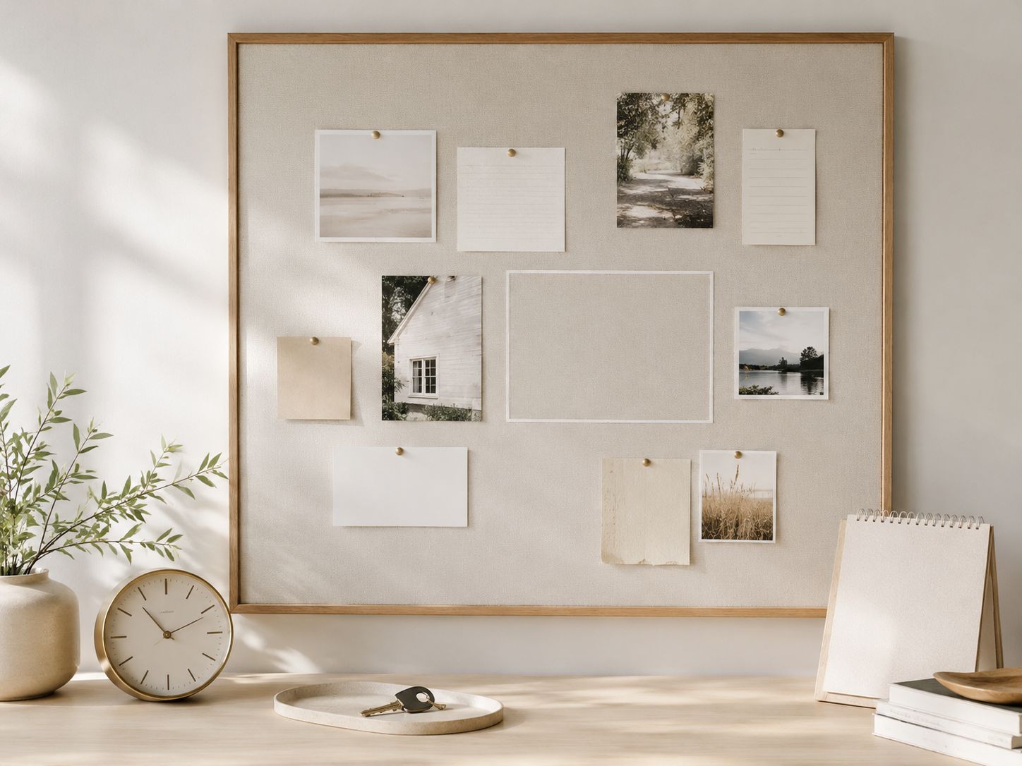 A cork board with pinned photos and blank papers above a desk with a clock and calendar.