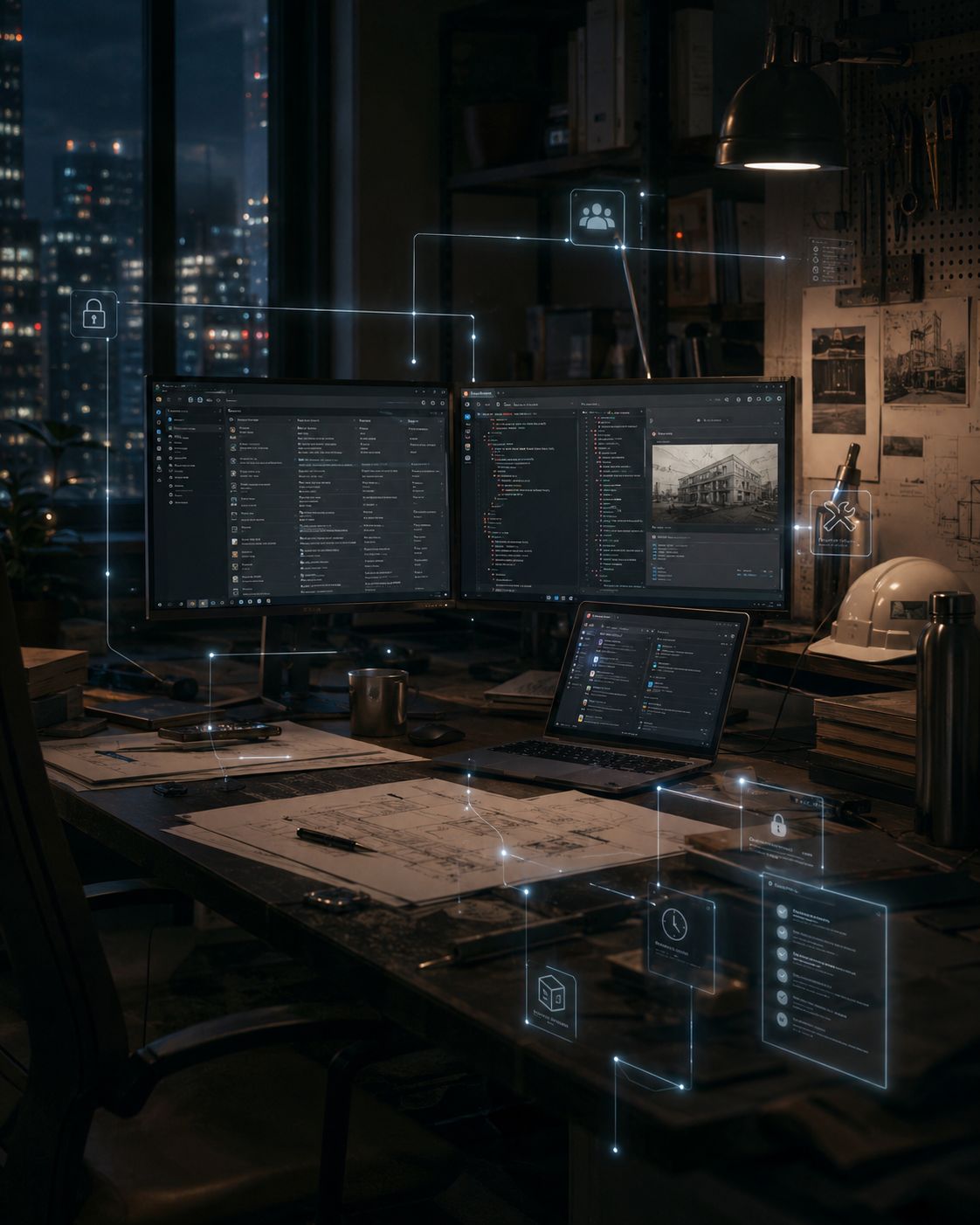 Night workspace with monitors, architectural plans, connected interface overlays, lock icons, tools, and a city view.