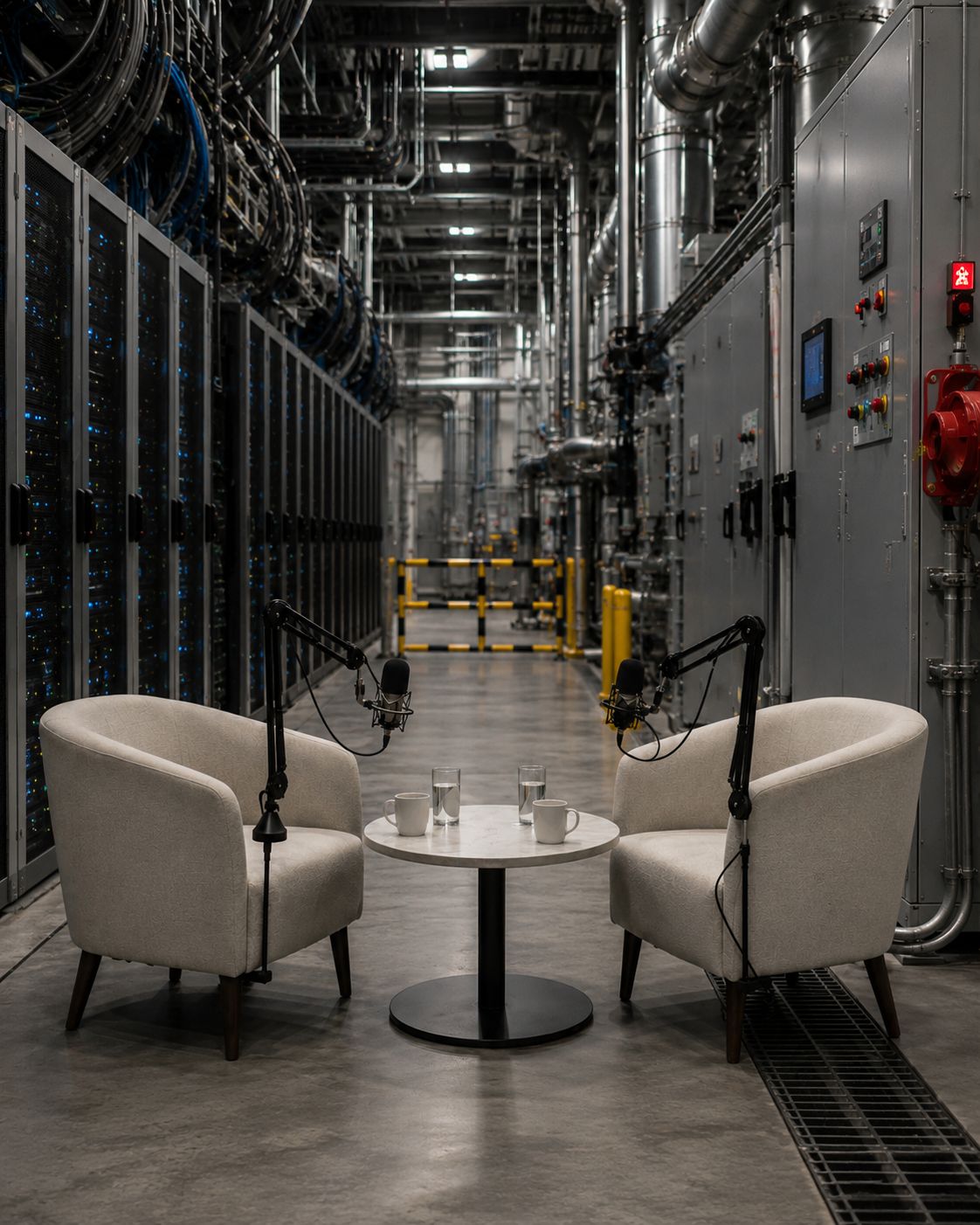 Two podcast microphones and chairs set up inside an industrial server room with racks and pipes.