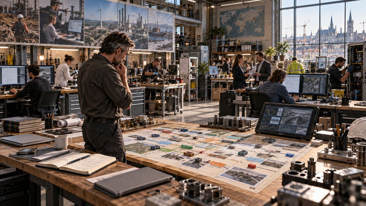Engineer reviewing career and infrastructure options across a workshop planning table.