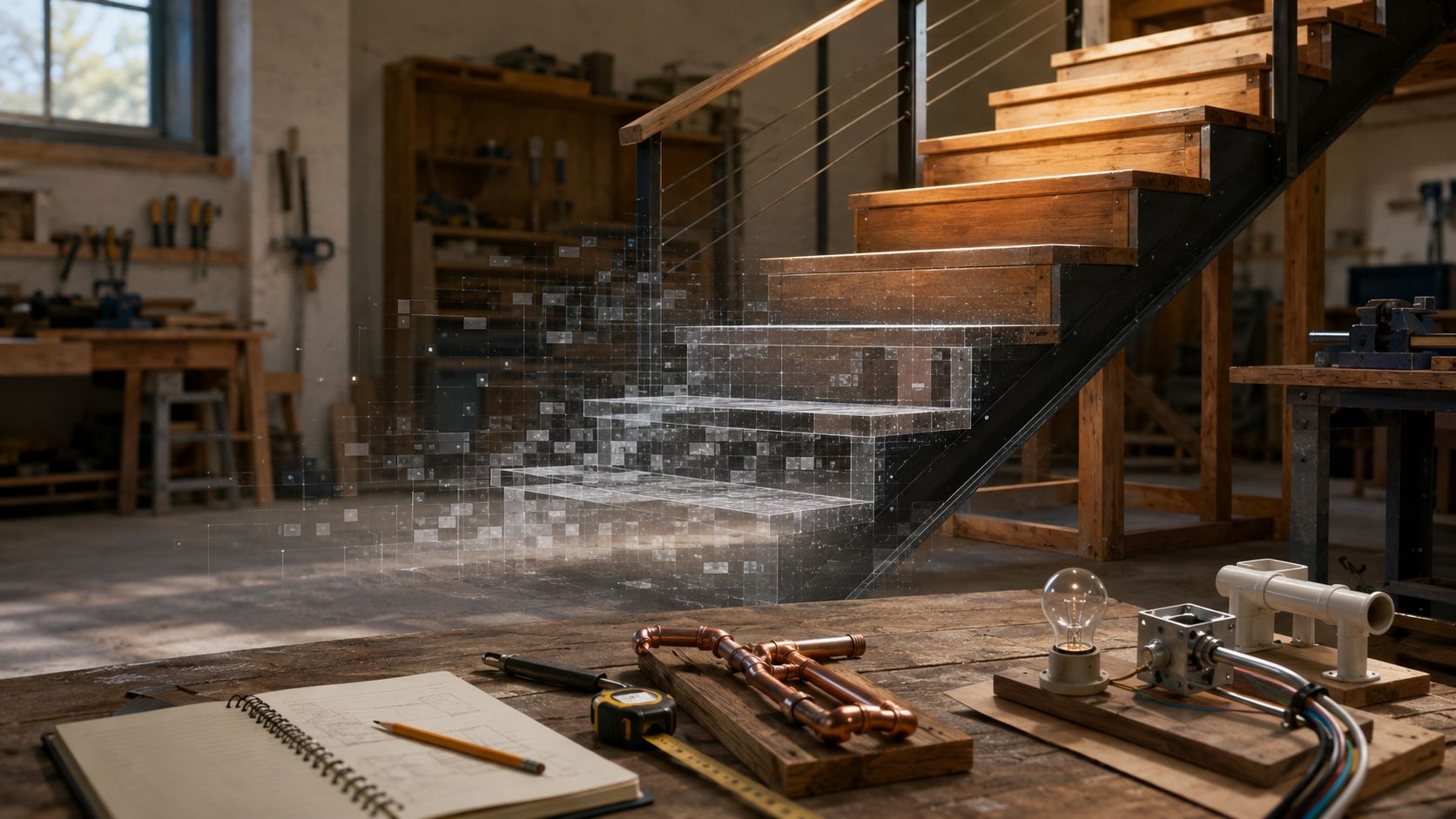 Workshop staircase with tools, pipes, wiring, and a digital overlay showing a disappearing training path.