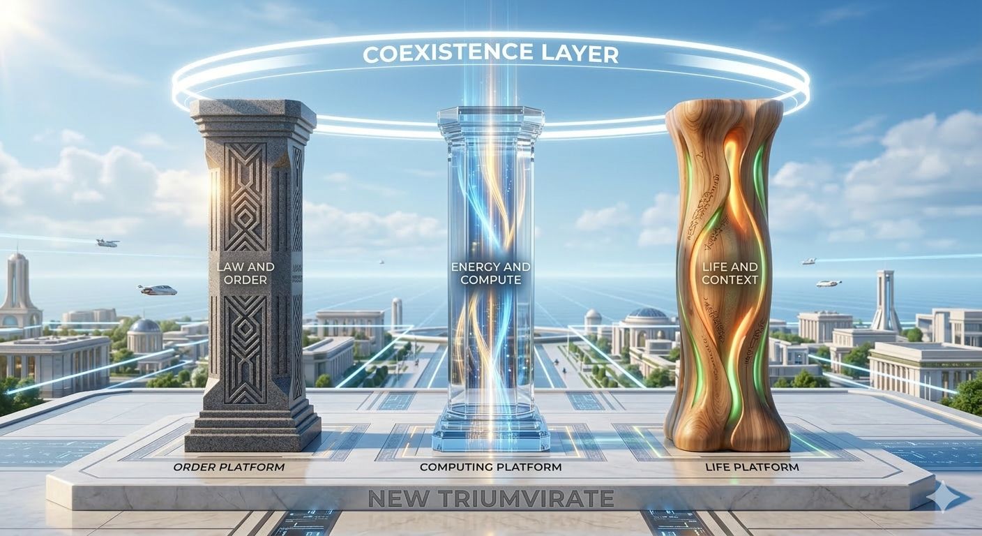 Illustration of three large pillars labeled law and order, energy and compute, and life and context beneath a glowing ring labeled coexistence layer.