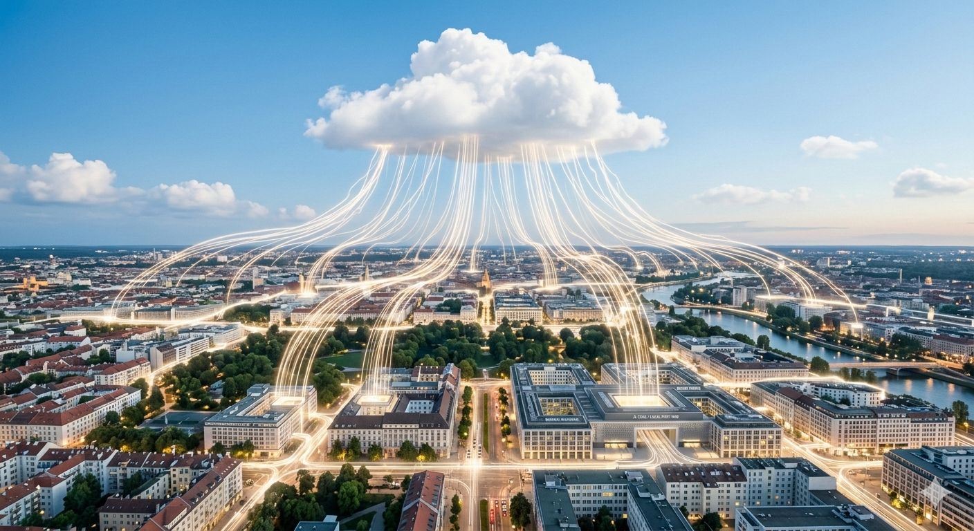 Aerial view of a city beneath a large cloud with many glowing lines connecting the cloud to buildings below.
