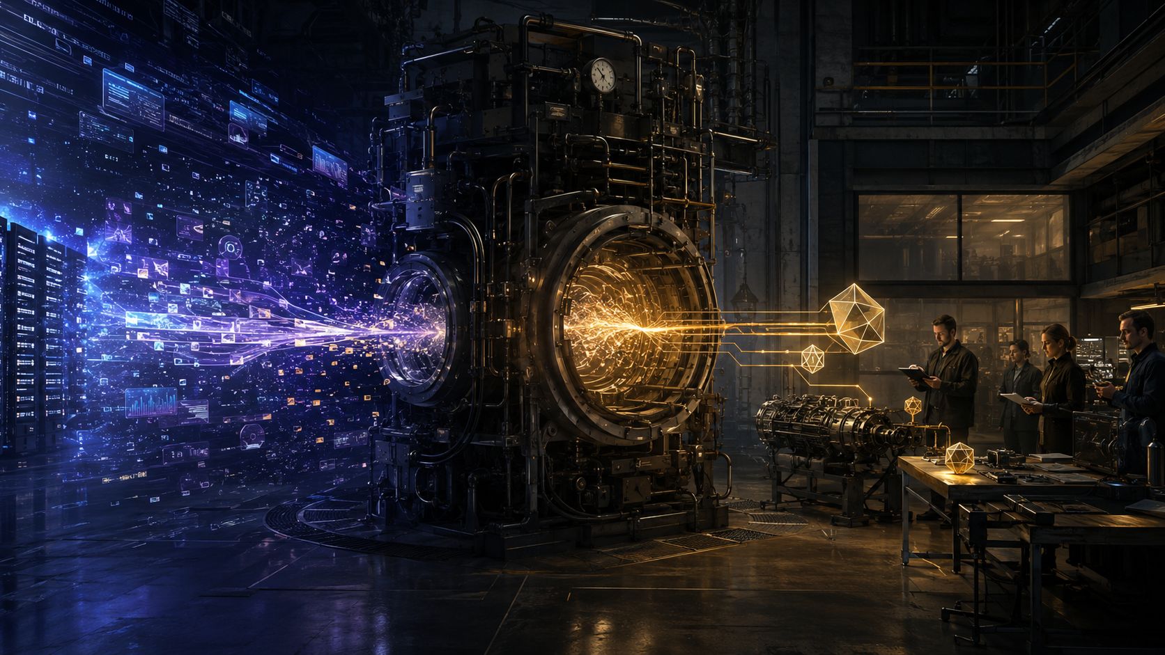 Industrial machine transforms streams of blue digital panels into golden geometric outputs while people observe in a workshop.