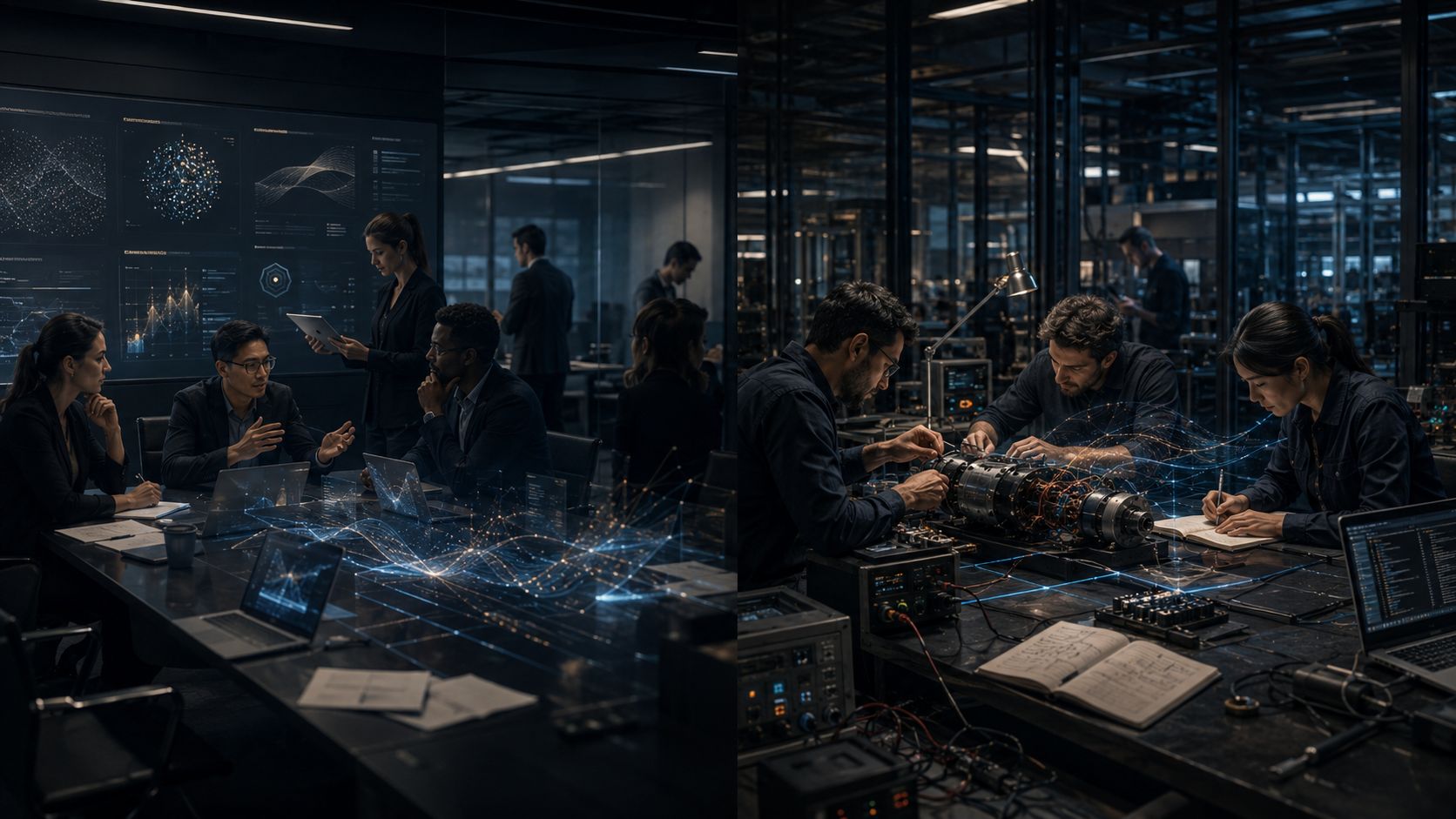 Split scene of a boardroom with data dashboards beside engineers working on a machine in a workshop.