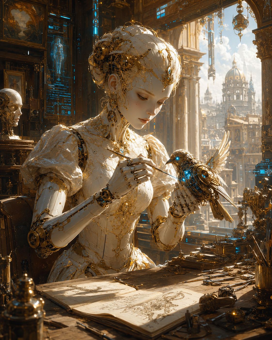 Ornate white-and-gold humanoid robot repairing a mechanical bird at a workshop table.