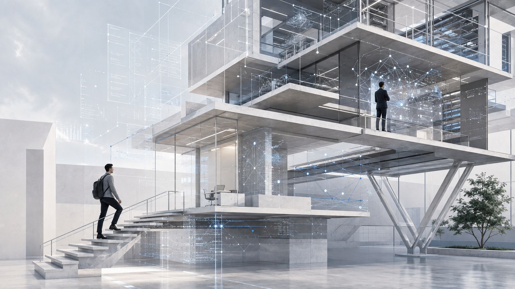 Two people on different levels of a transparent multi-level structure overlaid with digital network diagrams.