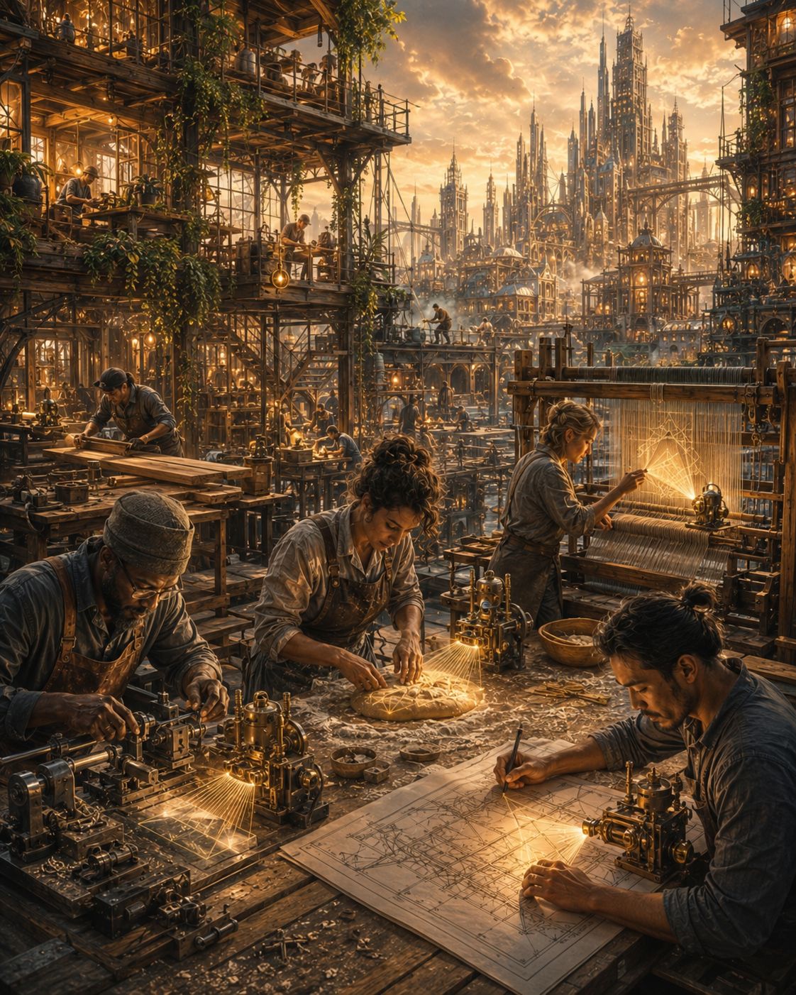 Large workshop city where people build, draw plans, weave, and operate small glowing machines.