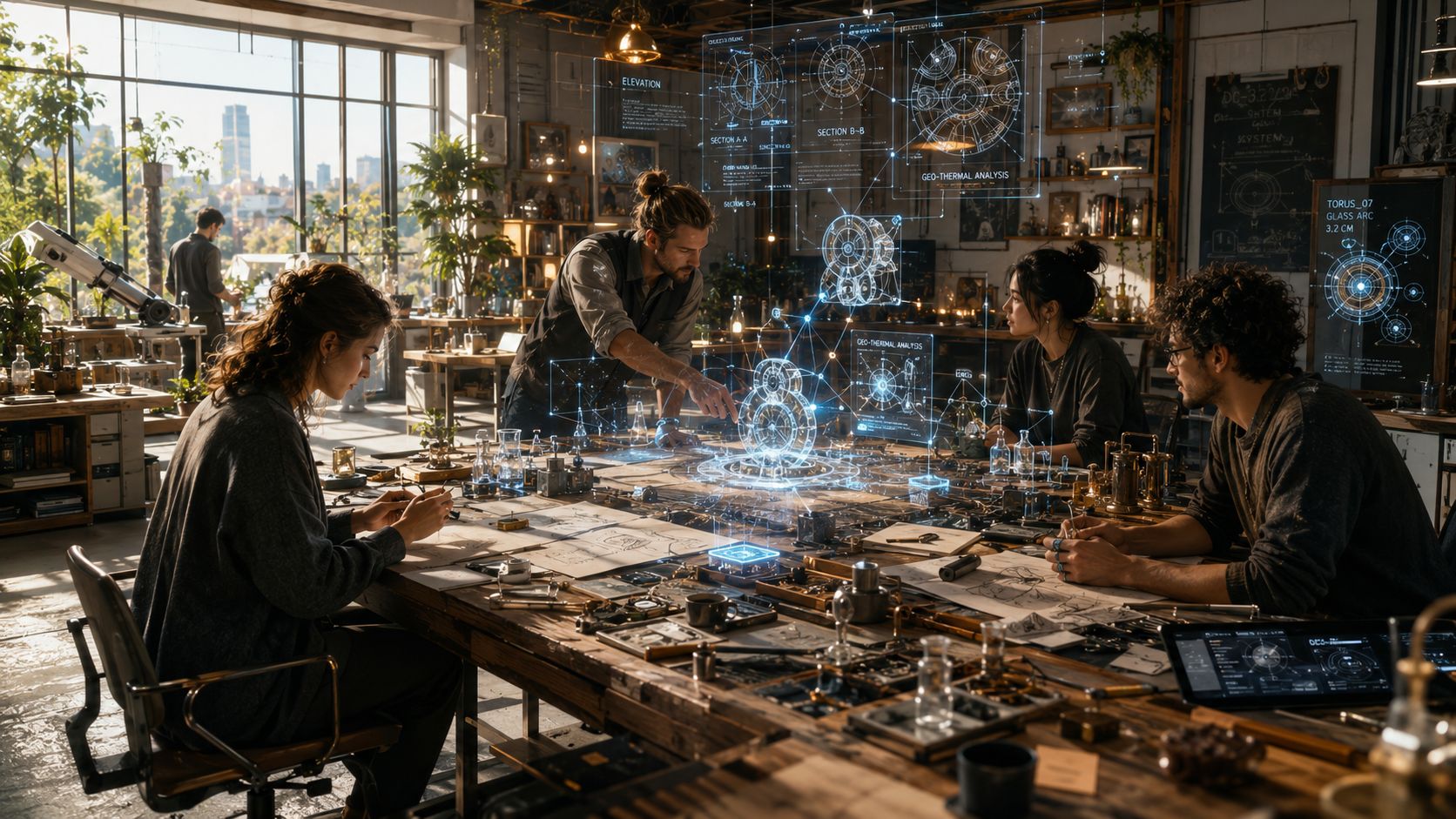 People collaborating around a workshop table with projected technical diagrams and models.