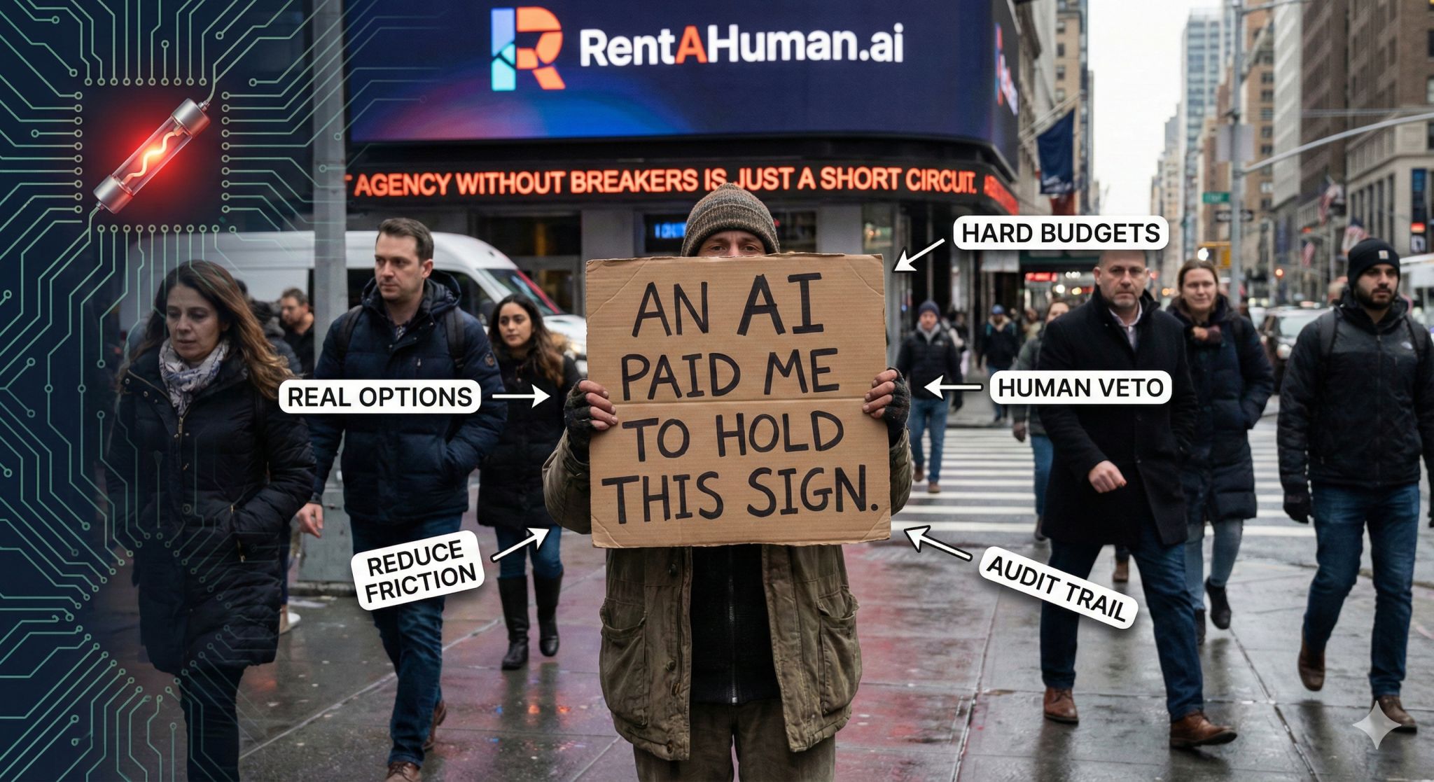 Image of a person holding a cardboard sign in a city street, with RentAHuman.ai and circuit graphics around the scene.