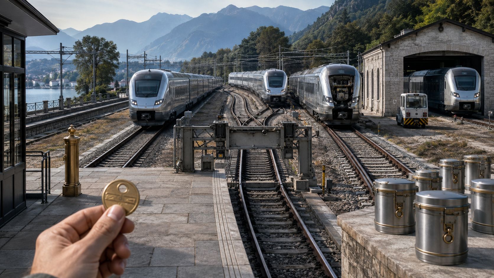 Hand holding a key before several trains on branching tracks with sealed metal containers beside the platform.