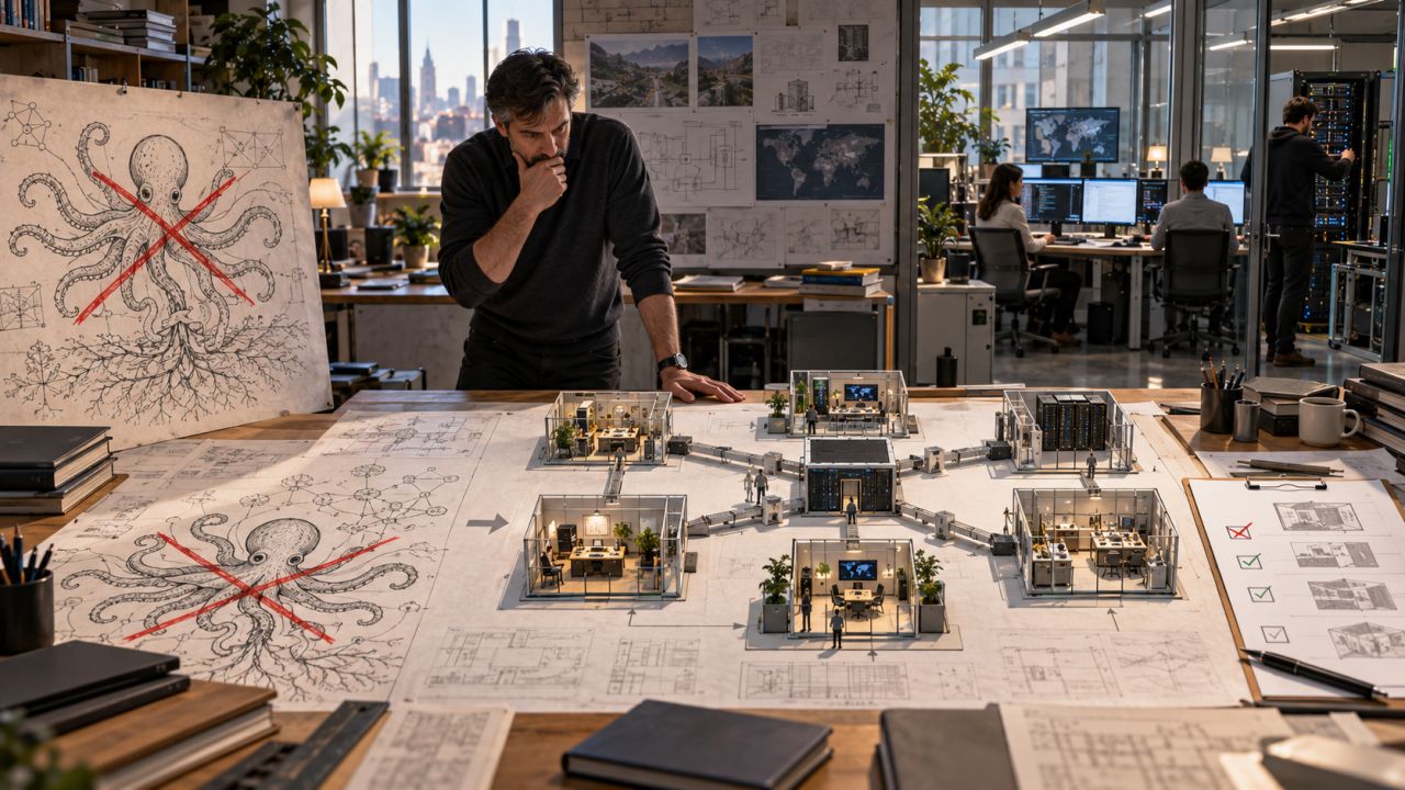 An architect studies a distributed workplace plan beside crossed-out octopus sketches.