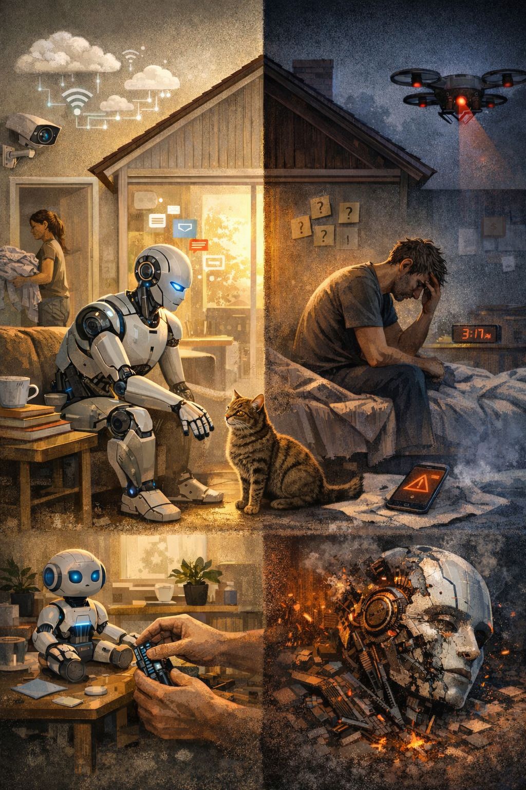 Illustrated collage of a home robot in a house with a cat, security devices, a seated person, and a damaged robot head.