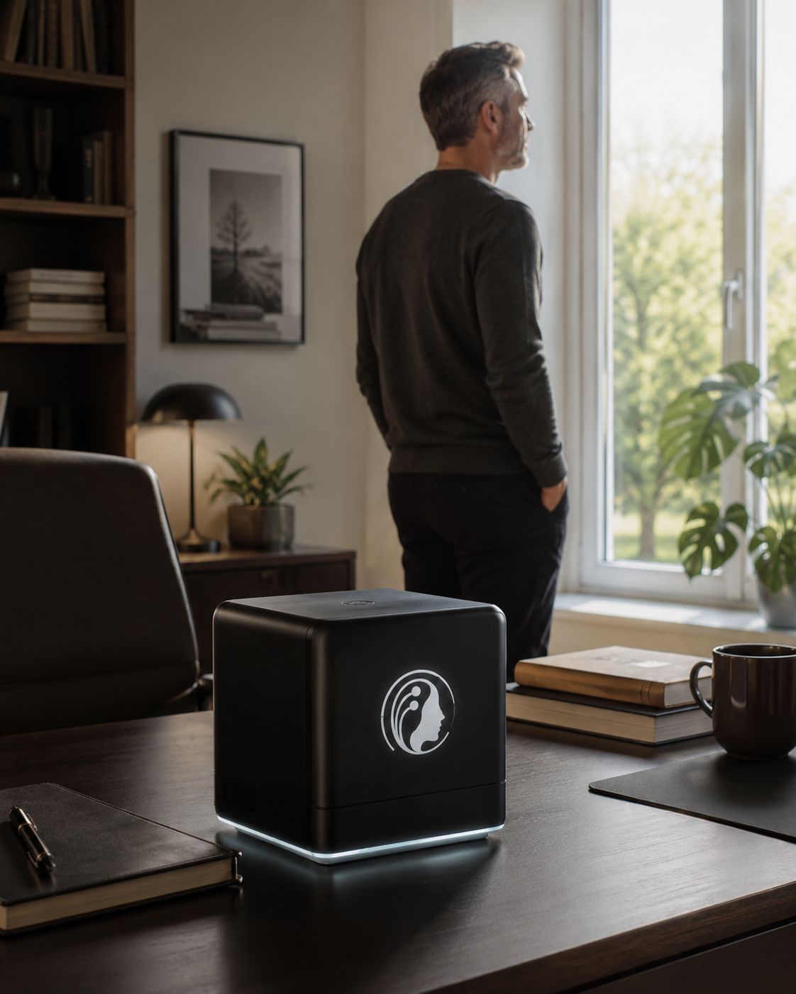 Man looking out a window while a black local computing device sits on a desk in the foreground.