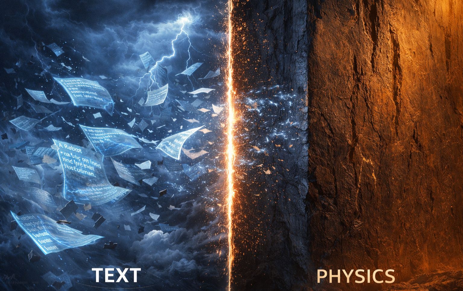 Image of glowing text pages in a storm beside a bright divide and a rock wall labeled TEXT and PHYSICS.