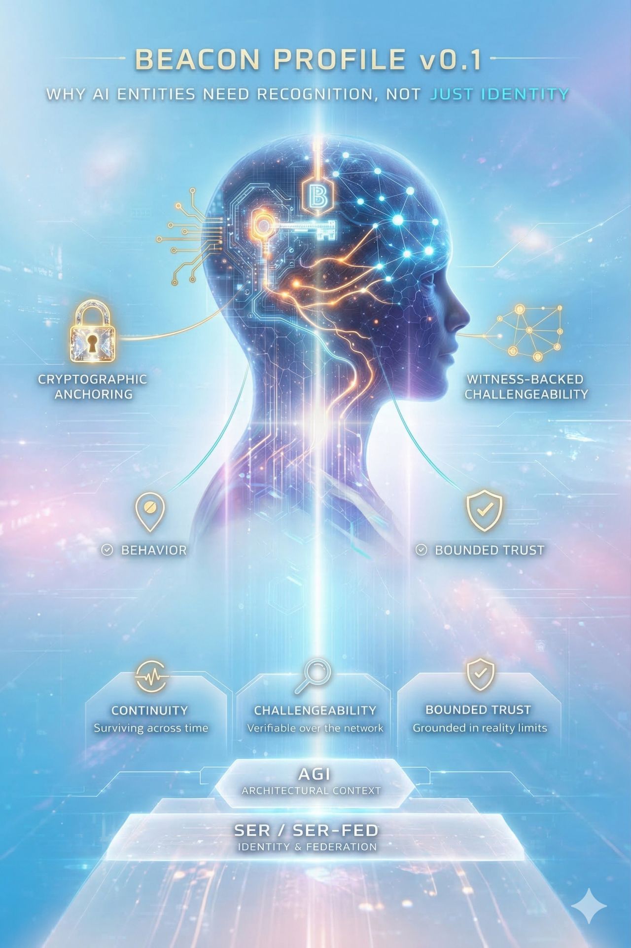 Poster-style diagram titled 'Beacon Profile v0.1' showing a digital head silhouette with labels such as cryptographic anchoring, behavior, witness-backed challengeability, and SER / SER-FED.