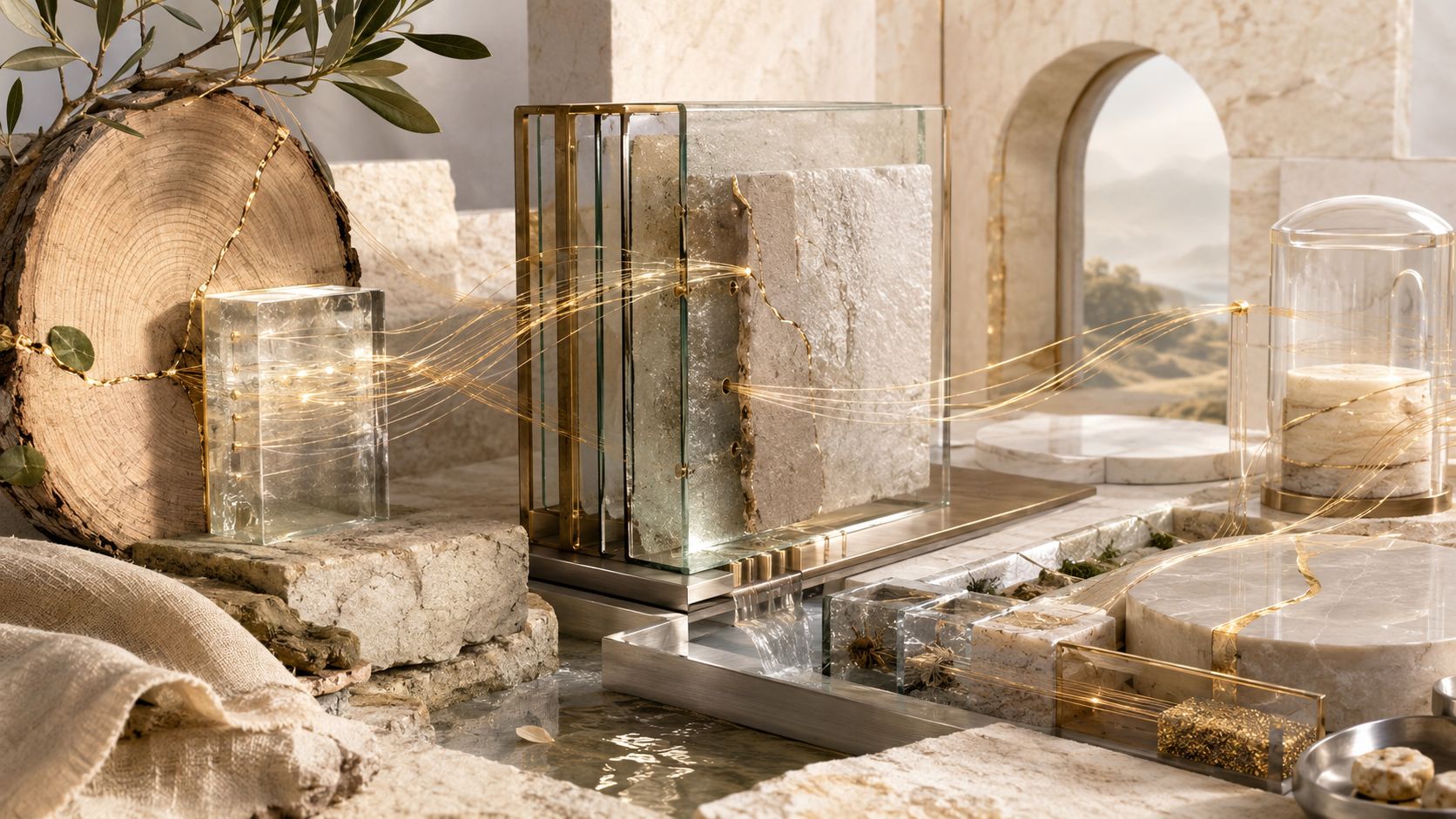 Still life of glass, stone, wood, and golden light threads on a sunlit table.