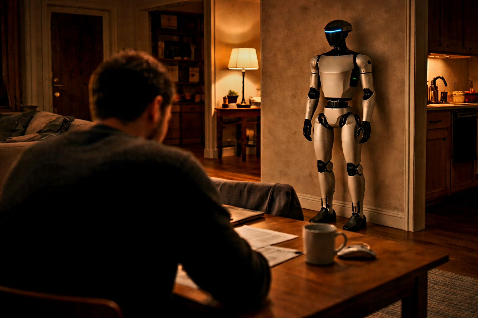 Image of a person seated at a table in a home interior, facing a humanoid robot standing in the doorway.