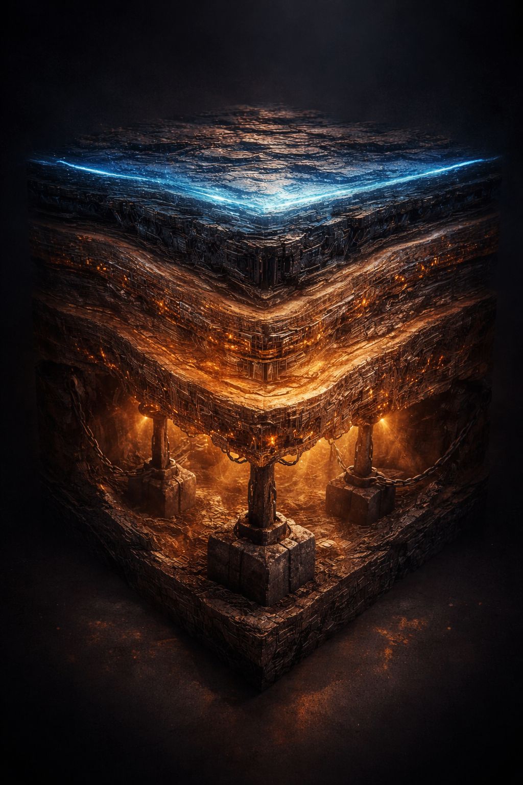 Illustration of a layered glowing structure balanced on supports, with a blue-lit top and orange light below.