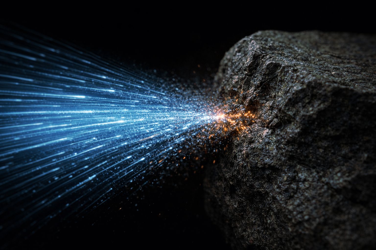 Image of blue light and sparks striking the surface of a dark rock against a black background.